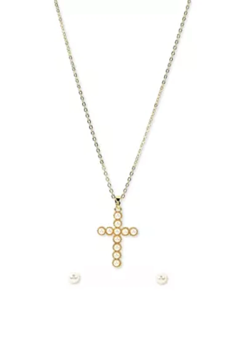 Lab Grown Gold Plated Gold Pearl Cross Necklace and Earrings Set