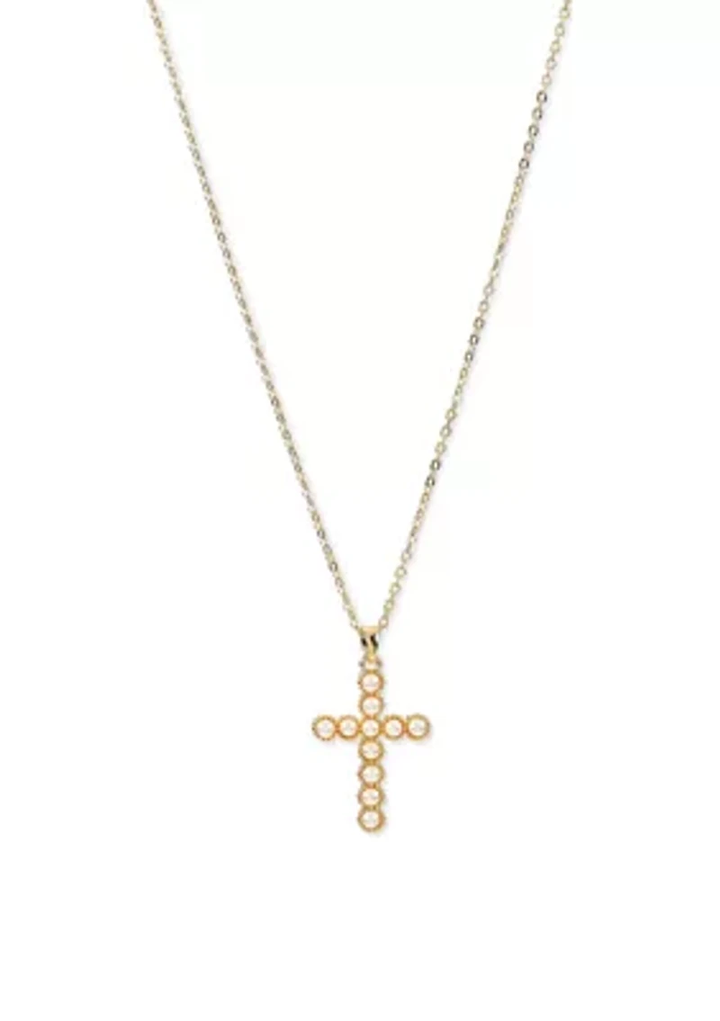 Lab Grown Gold Plated Gold Pearl Cross Necklace and Earrings Set