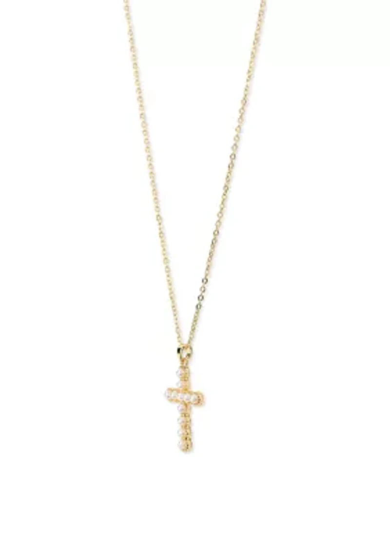 Lab Grown Gold Plated Gold Pearl Cross Necklace and Earrings Set