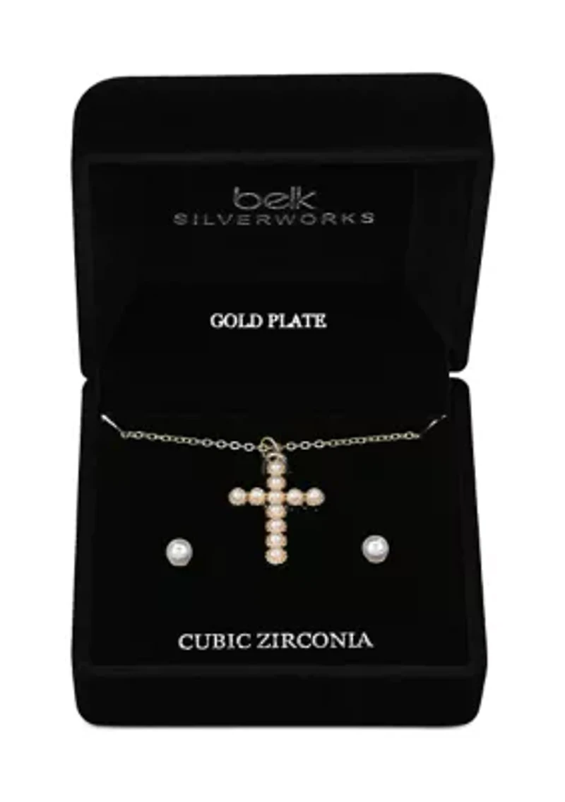 Lab Grown Gold Plated Gold Pearl Cross Necklace and Earrings Set