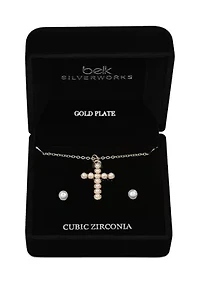 Lab Grown Gold Plated Gold Pearl Cross Necklace and Earrings Set