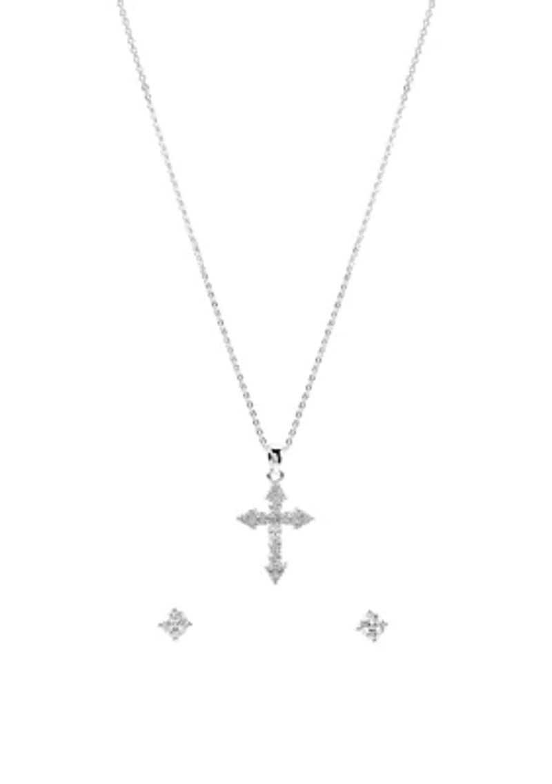Lab Grown Silver Plated Cubic Zirconia Cross Necklace and Stud Earrings Set