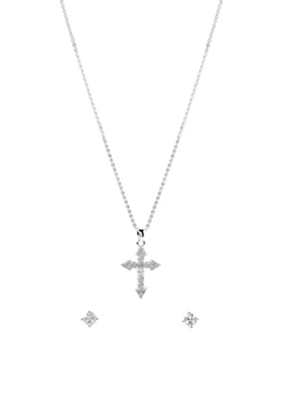 Lab Grown Silver Plated Cubic Zirconia Cross Necklace and Stud Earrings Set