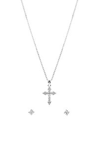 Lab Grown Silver Plated Cubic Zirconia Cross Necklace and Stud Earrings Set