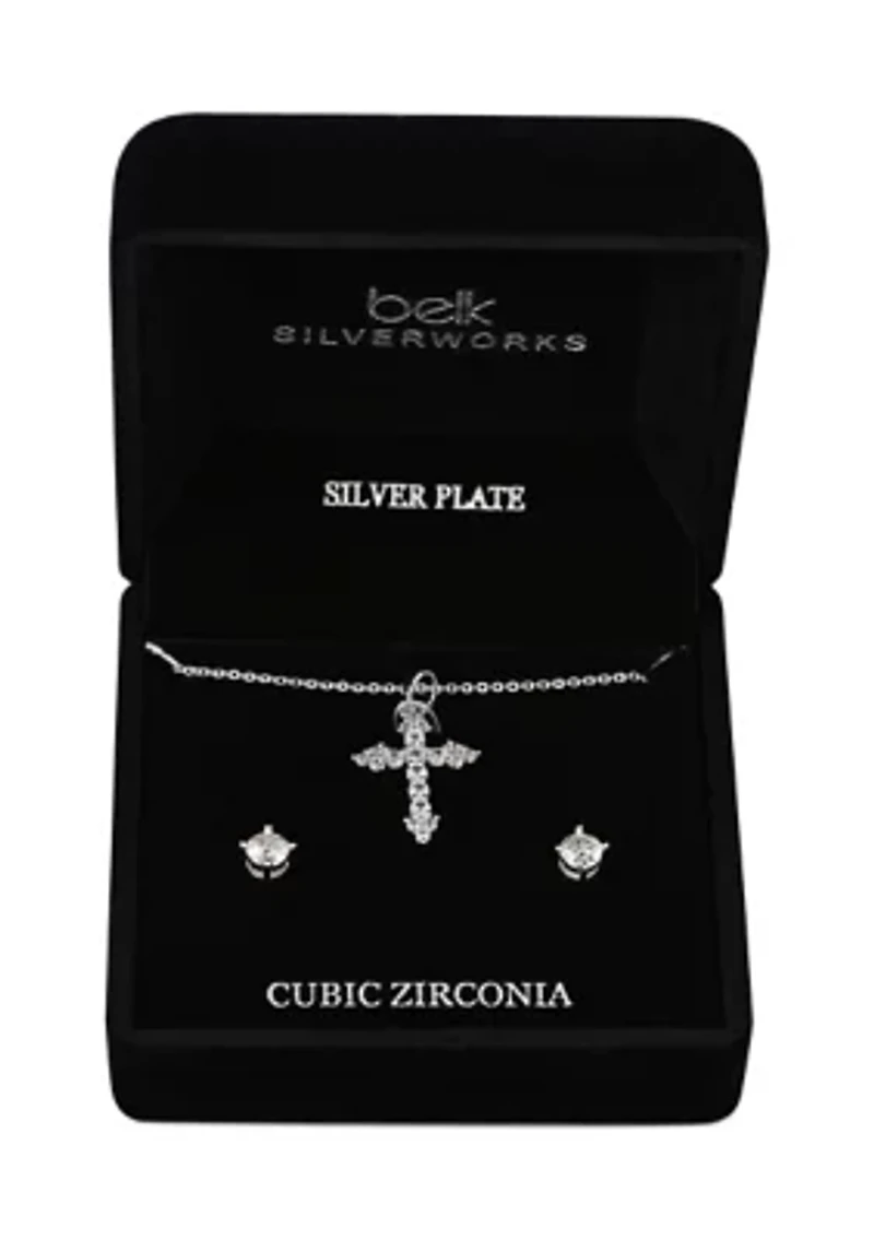 Lab Grown Silver Plated Cubic Zirconia Cross Necklace and Stud Earrings Set