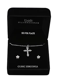 Lab Grown Silver Plated Cubic Zirconia Cross Necklace and Stud Earrings Set