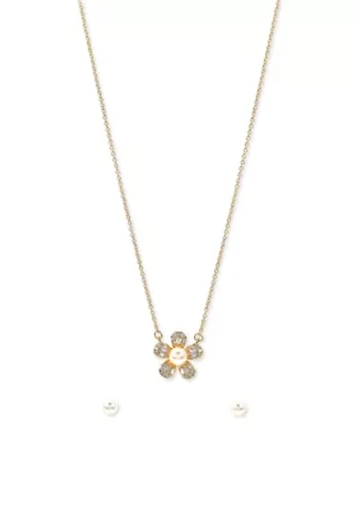 Lab Grown Gold Plated Pearl Flower Necklace and Earring Set