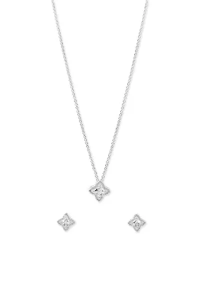Lab Grown Silver Cubic Zirconia Necklace and Stud Earrings Set