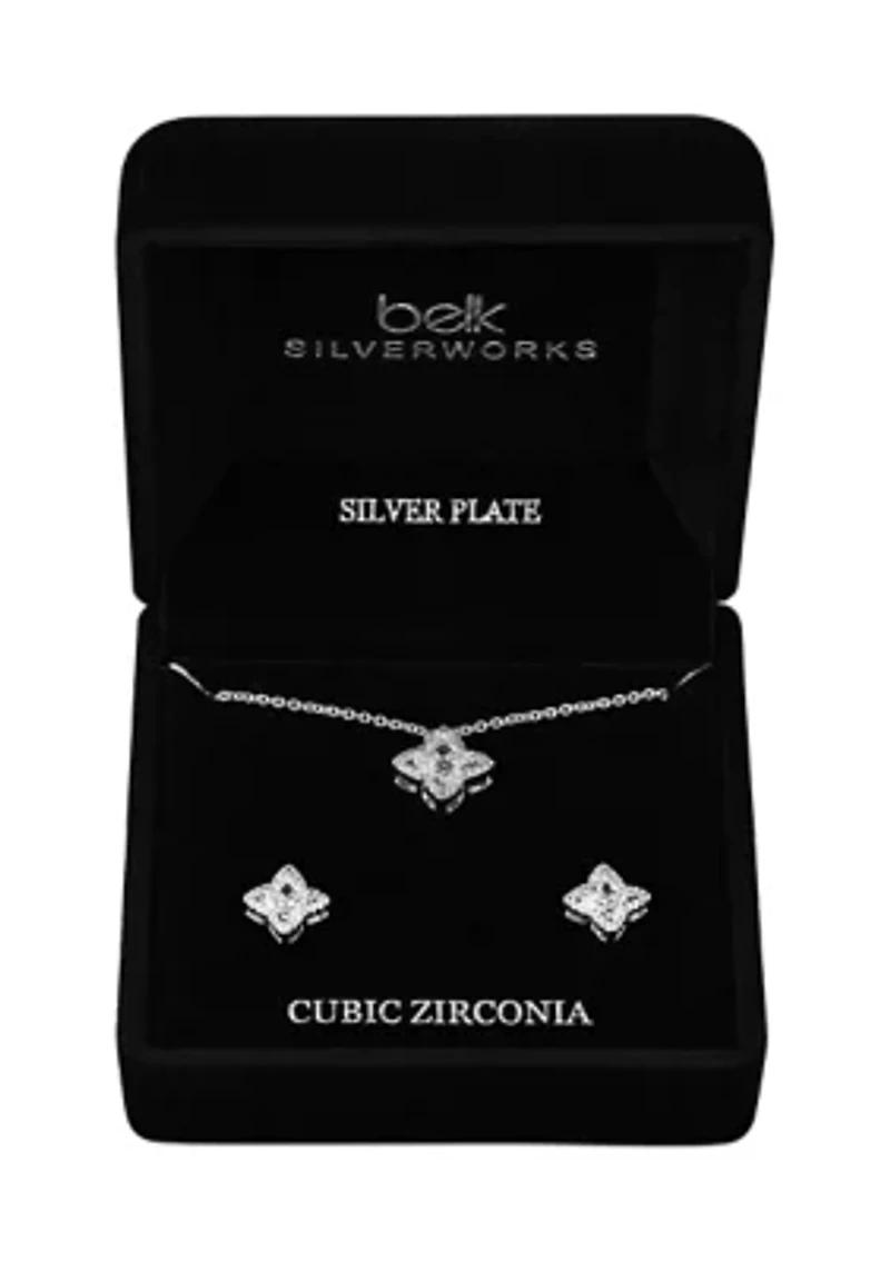 Lab Grown Silver Cubic Zirconia Necklace and Stud Earrings Set