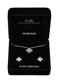 Lab Grown Silver Cubic Zirconia Necklace and Stud Earrings Set