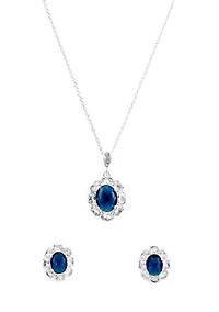 Lab Grown Silver Plated Large Round Blue and Clear Cubic Zirconia Earring and Pendant Necklace Set