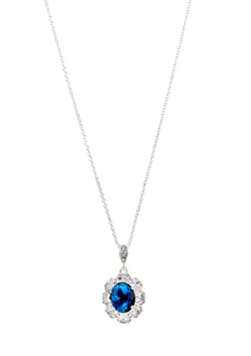 Lab Grown Silver Plated Large Round Blue and Clear Cubic Zirconia Earring and Pendant Necklace Set