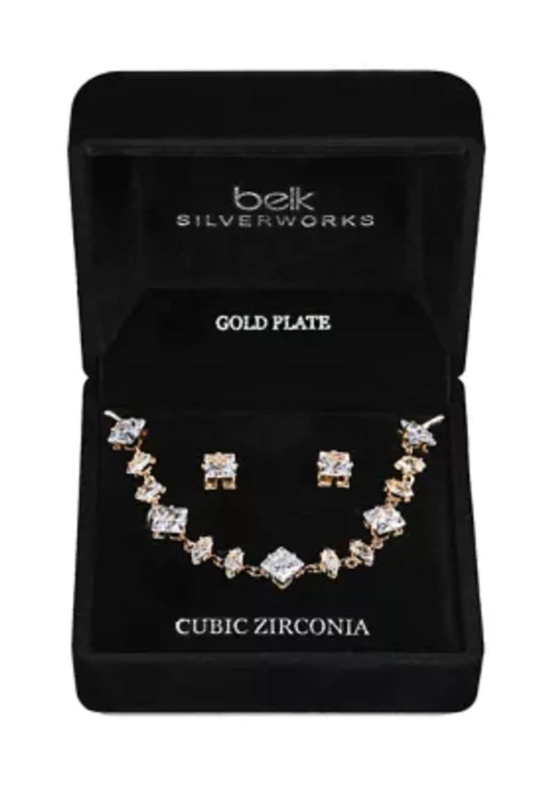 Lab Grown Gold PLated Multi Shape Oval and Square Clear CZ Necklae and Earrings Set 