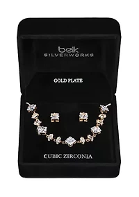 Lab Grown Gold PLated Multi Shape Oval and Square Clear CZ Necklae and Earrings Set 