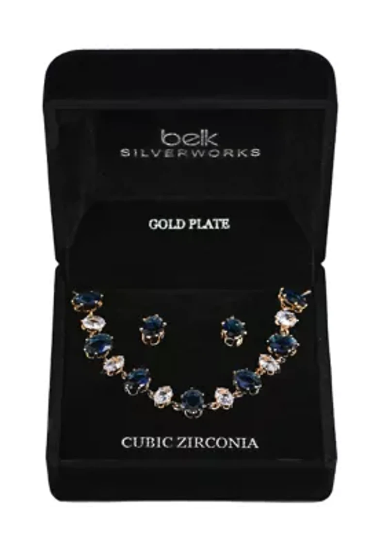Lab Grown Gold Plated Oval Clear and Blue Cubic Zirconia Necklace and Earring Set 