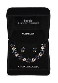 Lab Grown Gold Plated Oval Clear and Blue Cubic Zirconia Necklace and Earring Set 