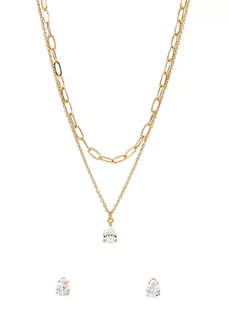 Lab Grown Double Row Gold Plated Necklace with Pear-Shape CZ Studs Set 