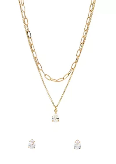 Lab Grown Double Row Gold Plated Necklace with Pear-Shape CZ Studs Set 