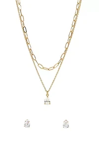 Lab Grown Double Row Gold Plated Necklace with Pear-Shape CZ Studs Set 