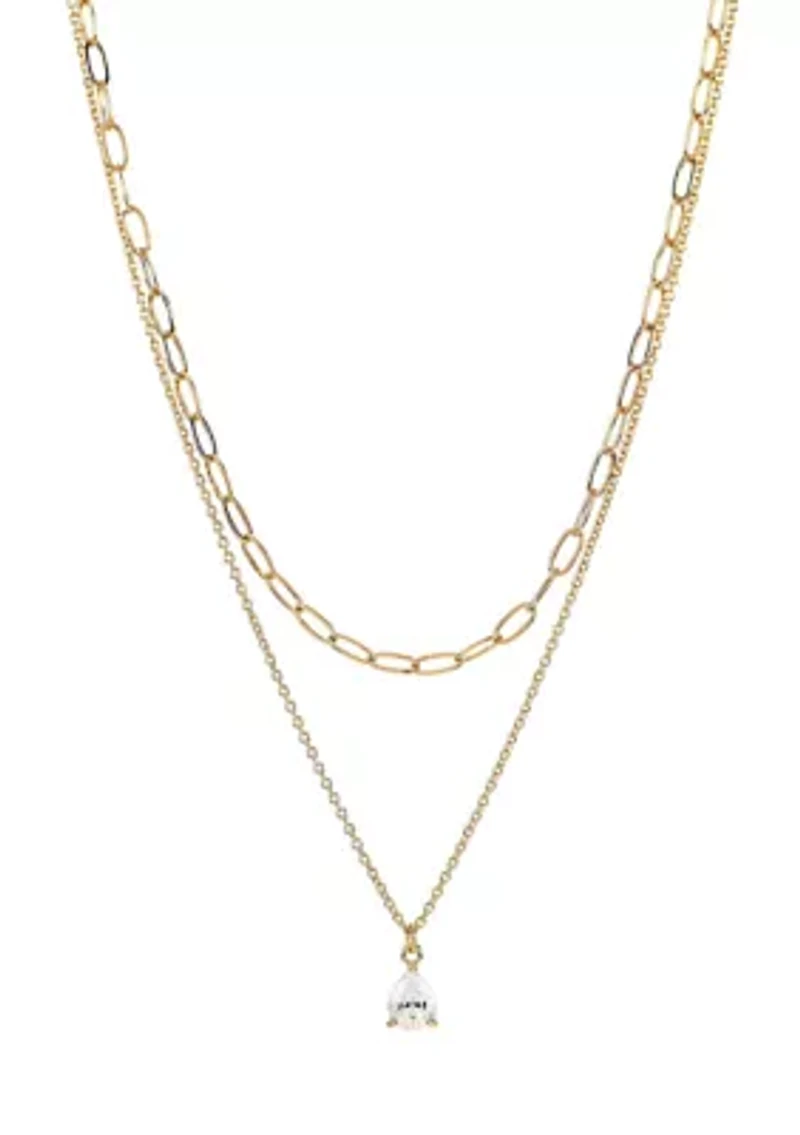 Lab Grown Double Row Gold Plated Necklace with Pear-Shape CZ Studs Set 