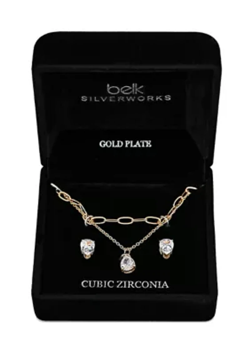 Lab Grown Double Row Gold Plated Necklace with Pear-Shape CZ Studs Set 