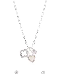 Lab Grown Silver Plated Charm Necklace and CZ Stud Earring Set 