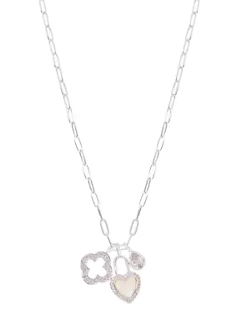 Lab Grown Silver Plated Charm Necklace and CZ Stud Earring Set 