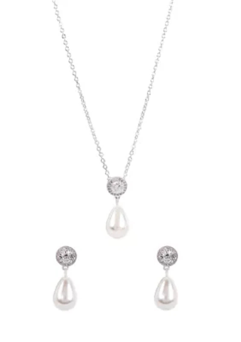 Lab Grown Silver Plated Round Cubic Zirconia and Drop Pearl Earring and Pendant Necklace Set