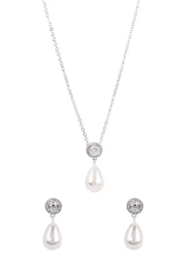 Lab Grown Silver Plated Round Cubic Zirconia and Drop Pearl Earring and Pendant Necklace Set 