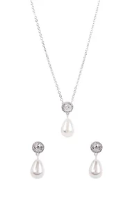 Lab Grown Silver Plated Round Cubic Zirconia and Drop Pearl Earring and Pendant Necklace Set 