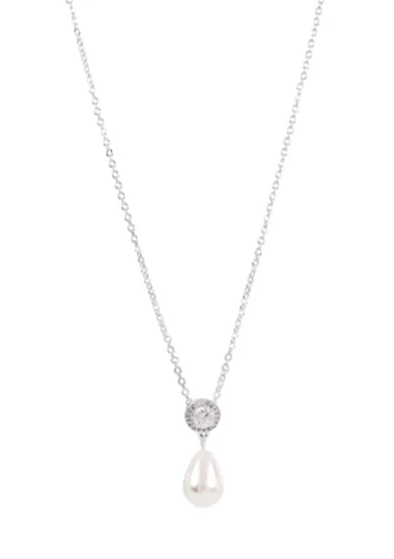 Lab Grown Silver Plated Round Cubic Zirconia and Drop Pearl Earring and Pendant Necklace Set 