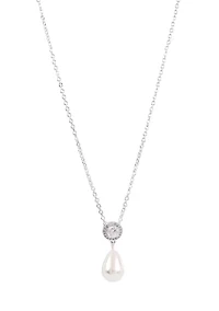 Lab Grown Silver Plated Round Cubic Zirconia and Drop Pearl Earring and Pendant Necklace Set 