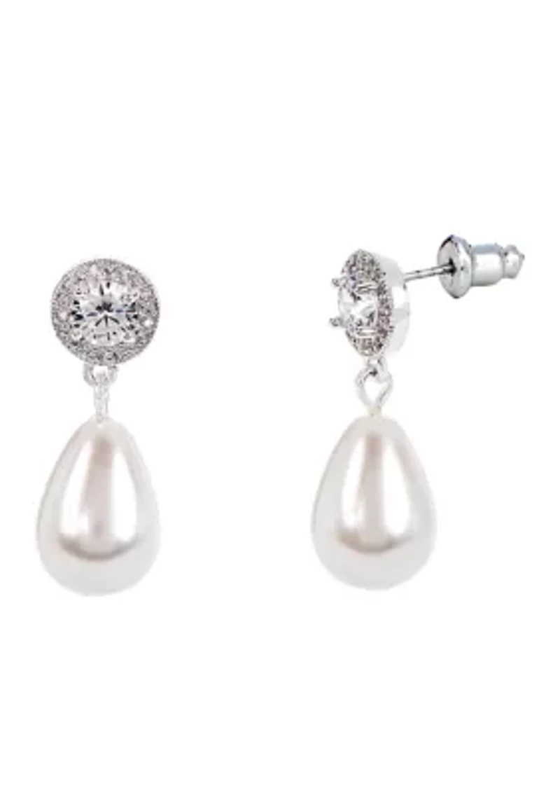 Lab Grown Silver Plated Round Cubic Zirconia and Drop Pearl Earring and Pendant Necklace Set 