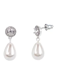 Lab Grown Silver Plated Round Cubic Zirconia and Drop Pearl Earring and Pendant Necklace Set 