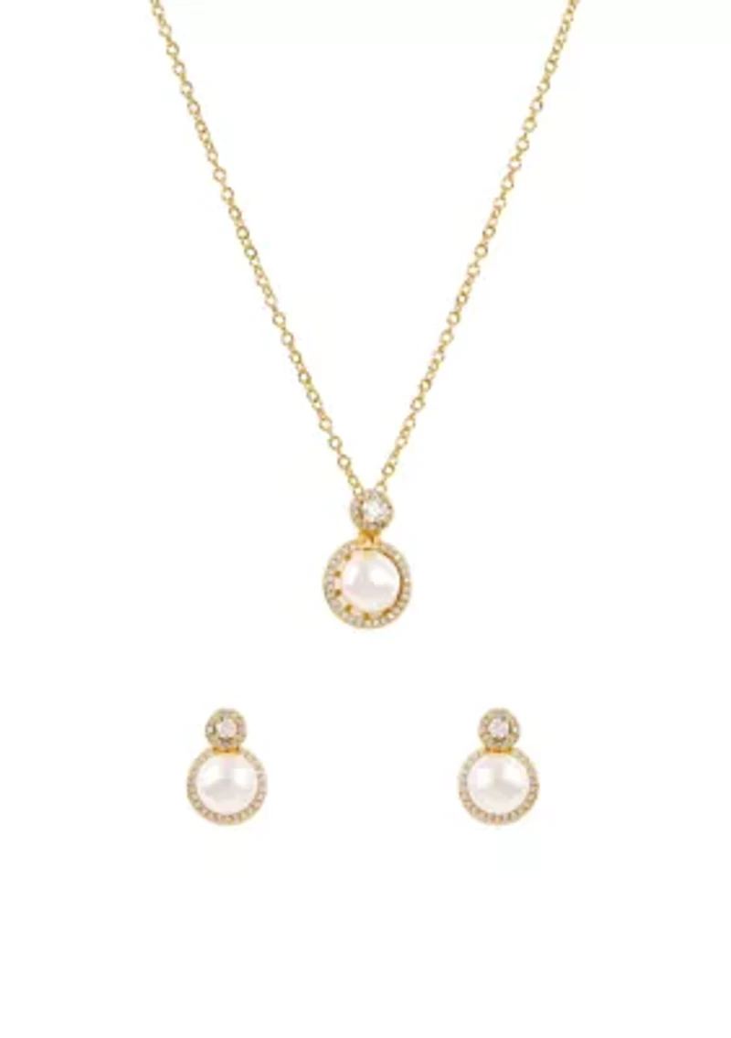White Bead CZ Pendant Necklace and Stud Earring Set