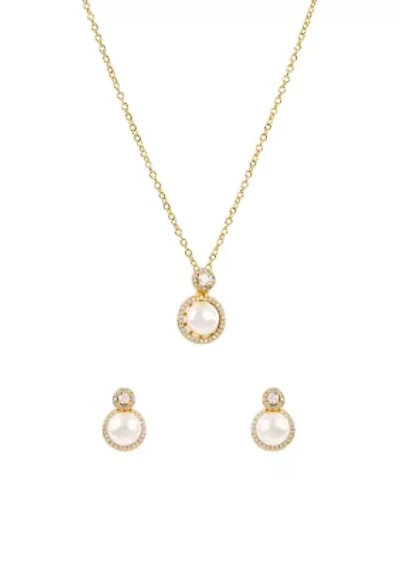 White Bead CZ Pendant Necklace and Stud Earring Set