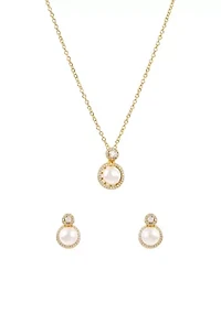 White Bead CZ Pendant Necklace and Stud Earring Set