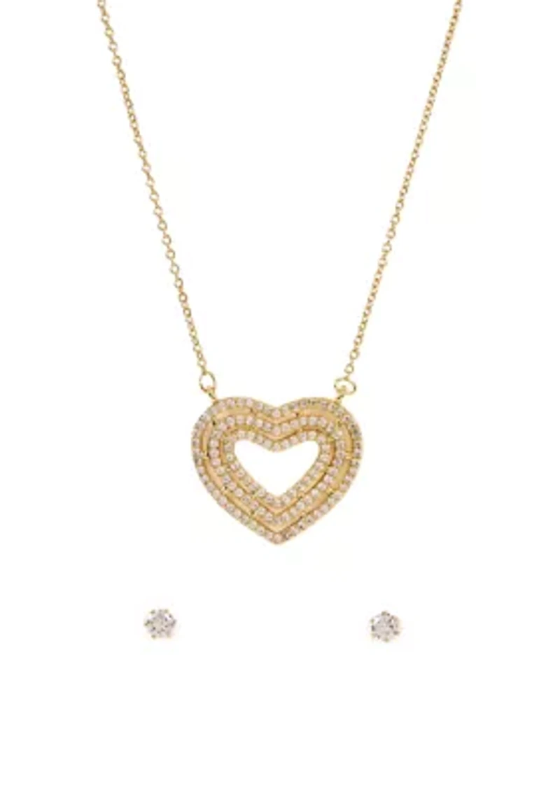 Gold Tone Heart Pendant Necklace and Stud Earring Set