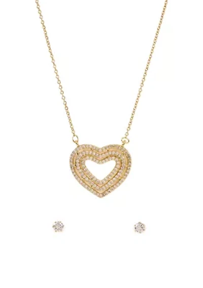 Gold Tone Heart Pendant Necklace and Stud Earring Set