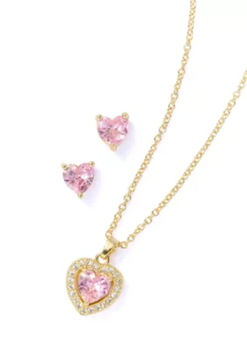 Lab Grown Cubic Zirconia Heart Pendant and Stud Earrings Set