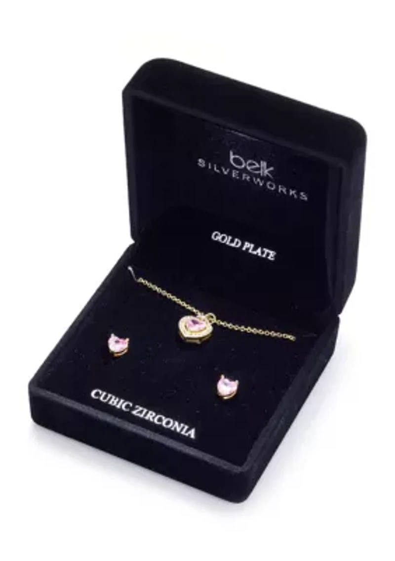 Lab Grown Cubic Zirconia Heart Pendant and Stud Earrings Set