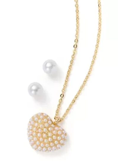 Lab Grown Pearl Heart Pendant with Pearl Stud Earrings Set
