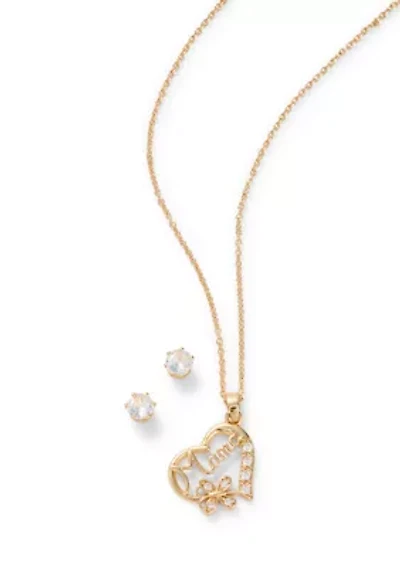 Lab Grown Mama Cubic Zirconia Heart Necklace Earring Set