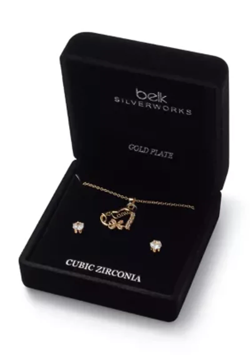 Lab Grown Mama Cubic Zirconia Heart Necklace Earring Set