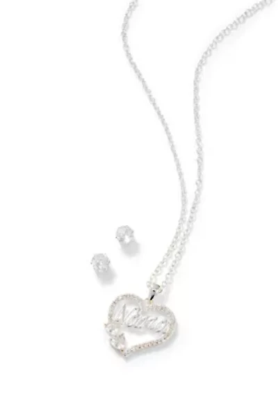 Lab Grown Fine Silver Plated Cubic Zirconia Heart Nana Pendant Necklace Stud Earring Set