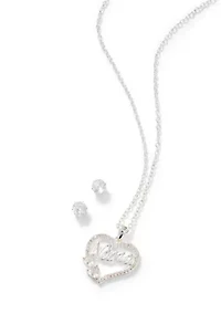 Lab Grown Fine Silver Plated Cubic Zirconia Heart Nana Pendant Necklace Stud Earring Set