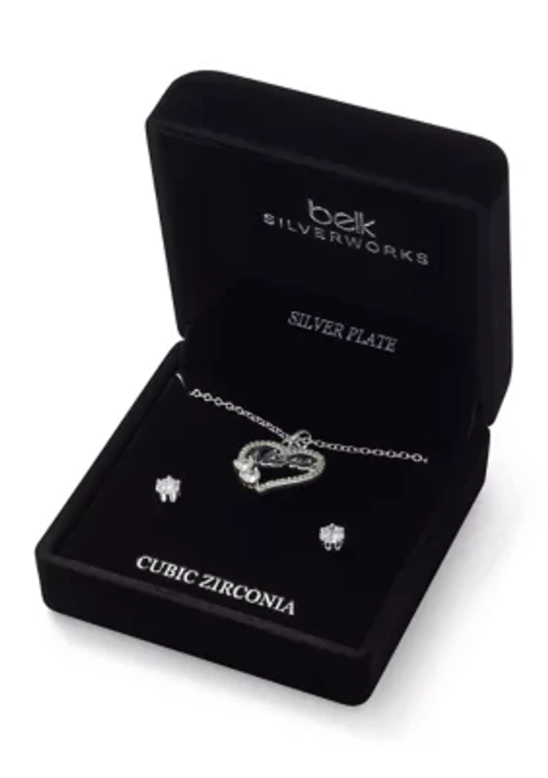 Lab Grown Fine Silver Plated Cubic Zirconia Heart Nana Pendant Necklace Stud Earring Set