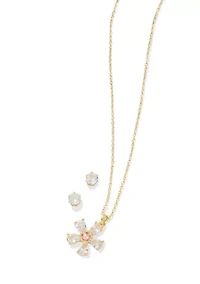 Lab Grown Fine Gold Plated Cubic Zirconia Flower Pendant Necklace Stud Earring Set