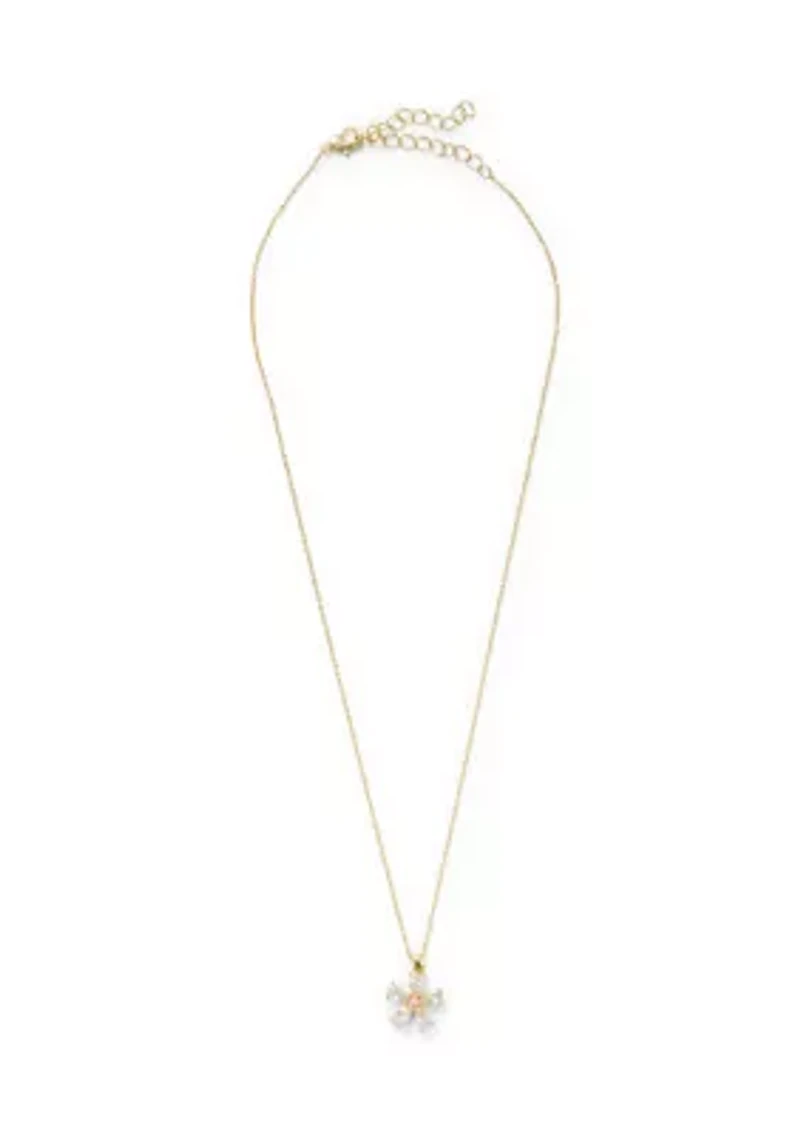 Lab Grown Fine Gold Plated Cubic Zirconia Flower Pendant Necklace Stud Earring Set