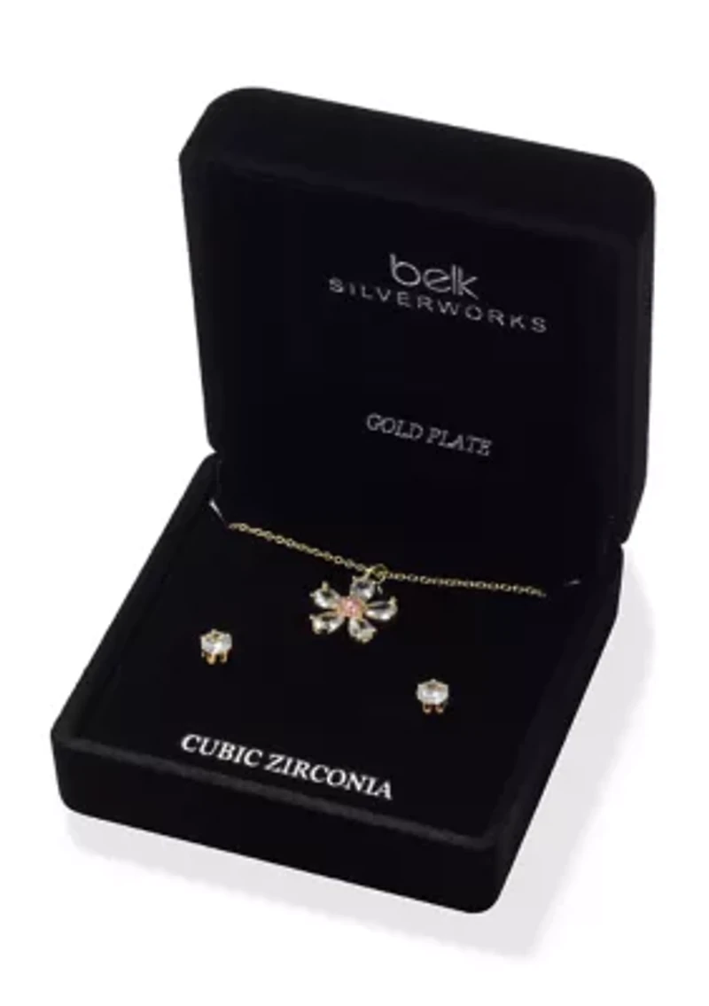Lab Grown Fine Gold Plated Cubic Zirconia Flower Pendant Necklace Stud Earring Set